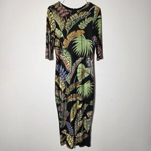 Farm Rio Foilage Print Midi Dress Black Multicolor 3/4 Sleeve Size M